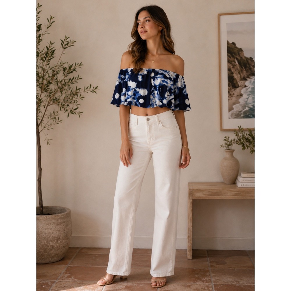 Show Me Your Mumu Heidi Ruffle Crop Top Blue White Off Shoulder Size Small